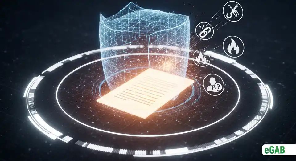 A digital document protected by a cryptographic shield from security threats, illustrating how technology neutralizes paper data risks.