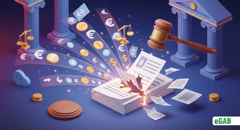 A judge's gavel striking papers, causing financial and legal symbols to erupt, representing the serious compliance penalties for paper data breaches.