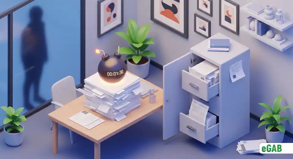 A stylized bomb ticking on a stack of unsecured paper documents on an office desk, illustrating the data security risk of uncontrolled physical access.