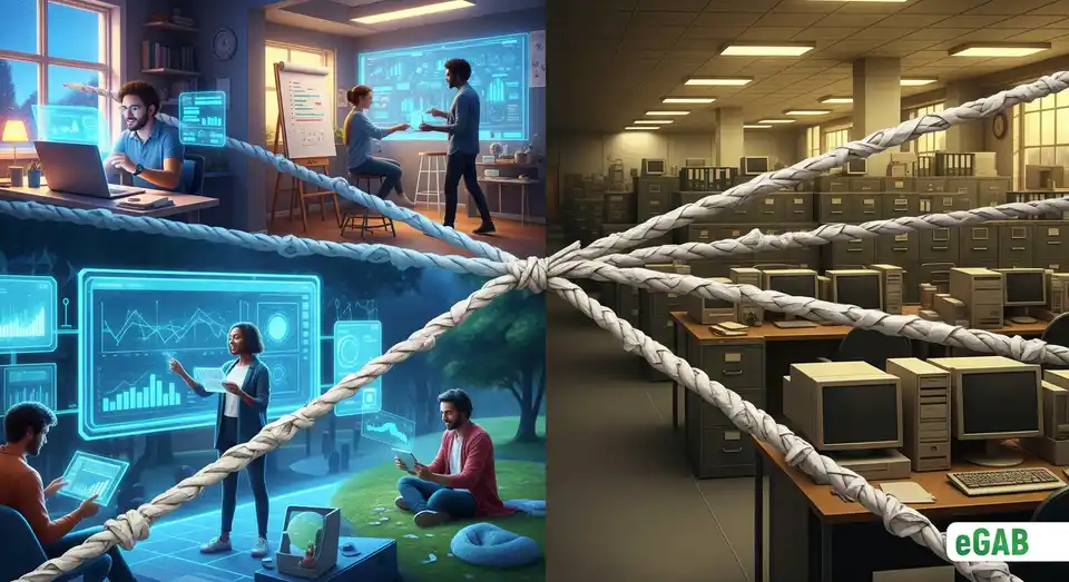 3D-инфографика, показывающая, как старый «бумажный» офис сдерживает современную удалённую команду, иллюстрируя конфликт между цифровой работой и аналоговыми системами.