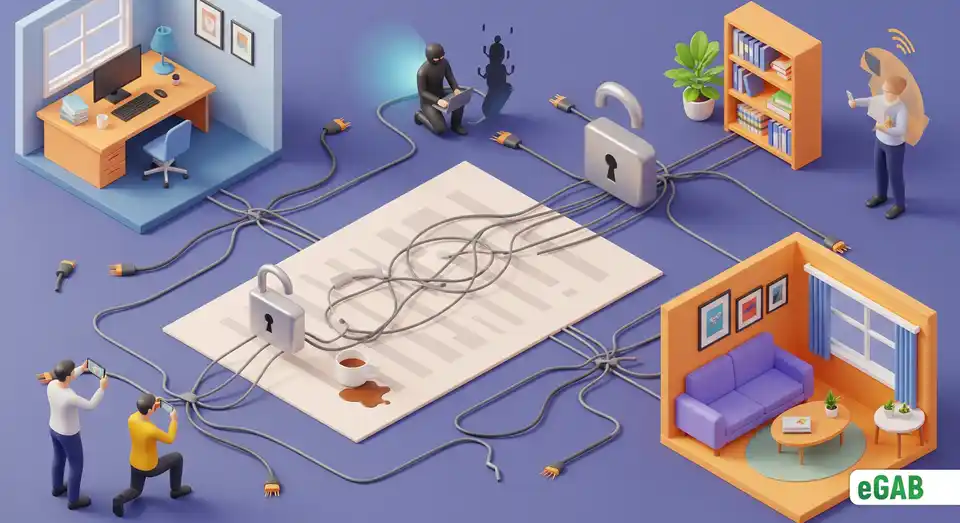 3D-иллюстрация, изображающая риски безопасности бумажных документов для удалённых команд, включая утечки данных и небезопасный обмен информацией.