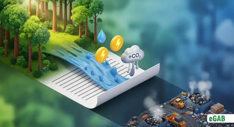 An infographic summarizing the environmental footprint of a single paper document, showing its impact from deforestation to resource consumption and landfill waste.