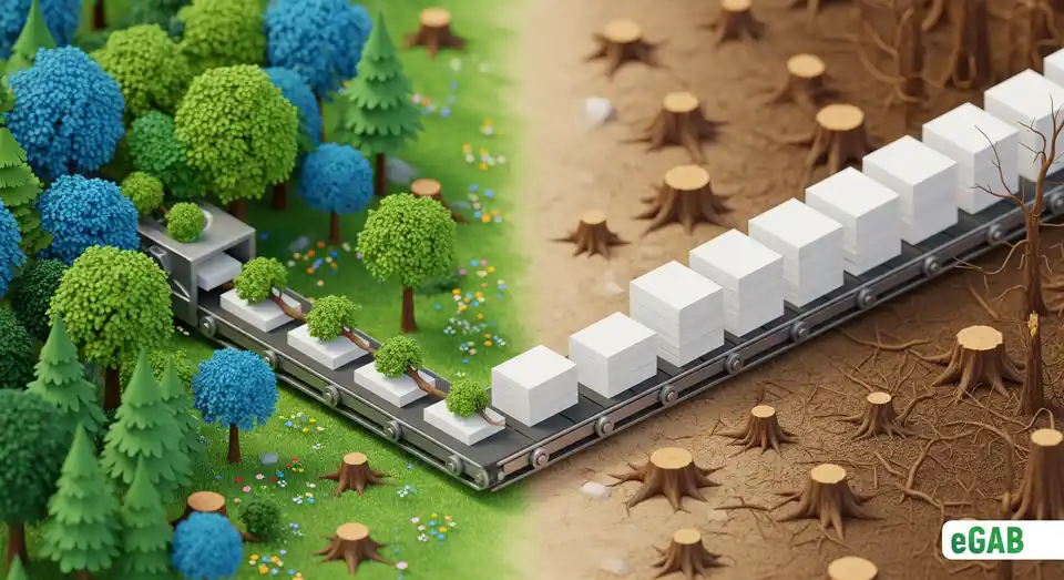 A visual explanation of paper production causing deforestation, with a forest on one side and barren land with paper stacks on the other.
