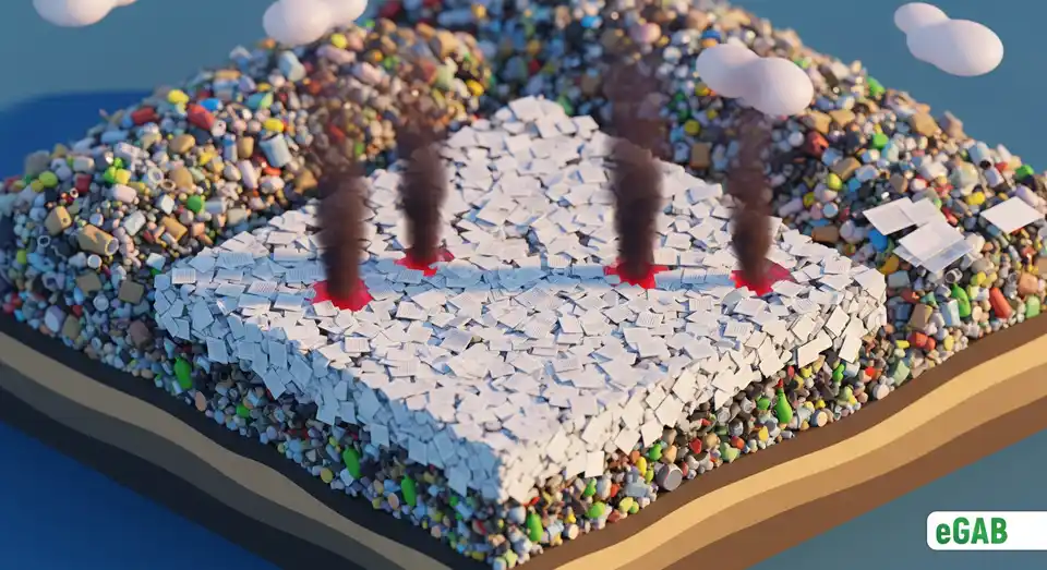 Illustration of paper in a landfill decomposing and releasing methane, a potent greenhouse gas, into the atmosphere.