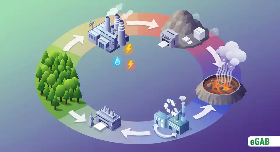 An infographic summarizing the environmental lifecycle of paper from deforestation and resource consumption to landfill waste and recycling.