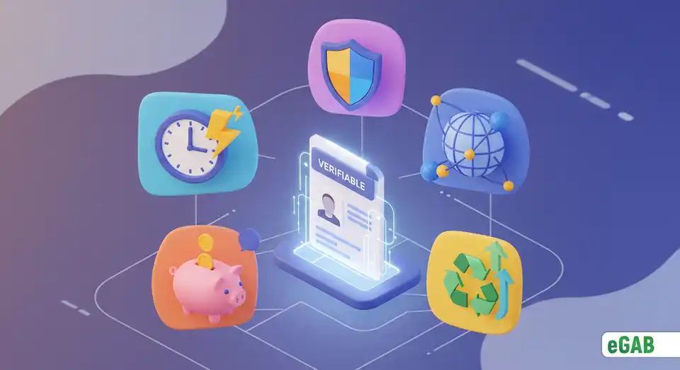 Инфографика, показывающая преимущества верифицируемых документов: скорость, безопасность, доступность и экономия средств, что делает бумагу устаревшей.