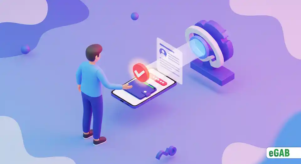 Человек использует цифровой кошелёк на телефоне, чтобы предоставить лишь один проверенный фрагмент данных, демонстрируя полный контроль над своей цифровой личностью.