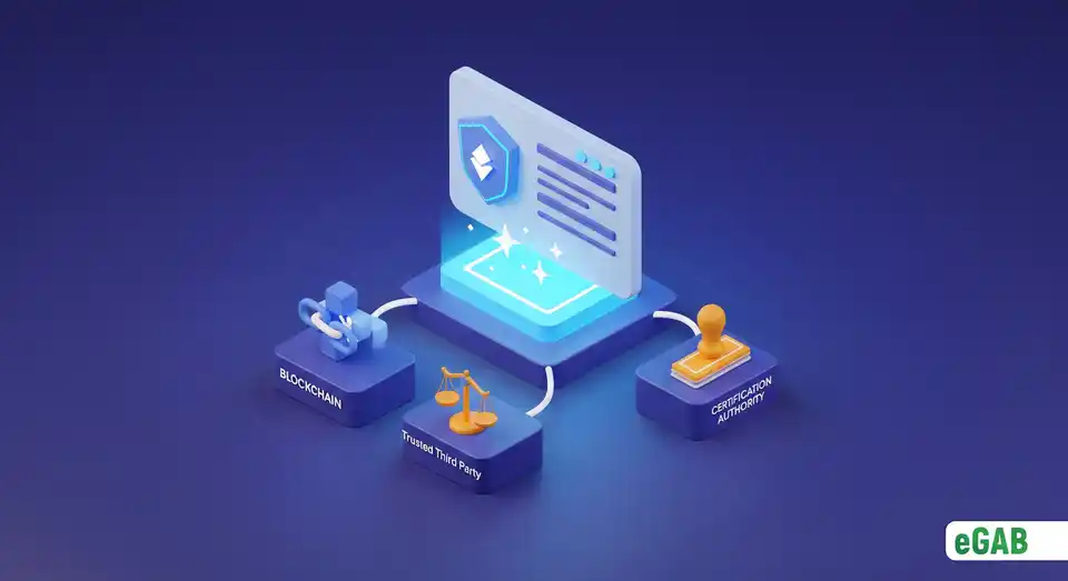 Инфографика надежной экосистемы документов с ее ключевыми компонентами: блокчейн, доверенная третья сторона и удостоверяющий центр.