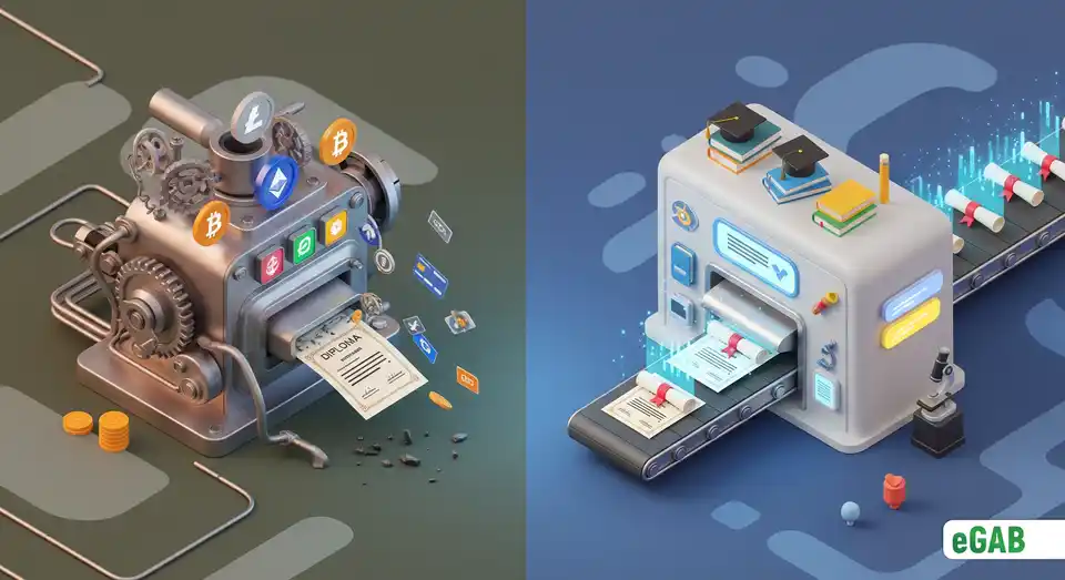 Comparison of a clunky general-purpose blockchain versus a sleek specialized blockchain for educational credentials.