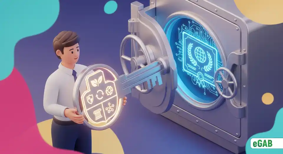 An educator using a key with SESGD standard icons to unlock a vault containing reliable digital credentials, symbolizing making a secure choice.