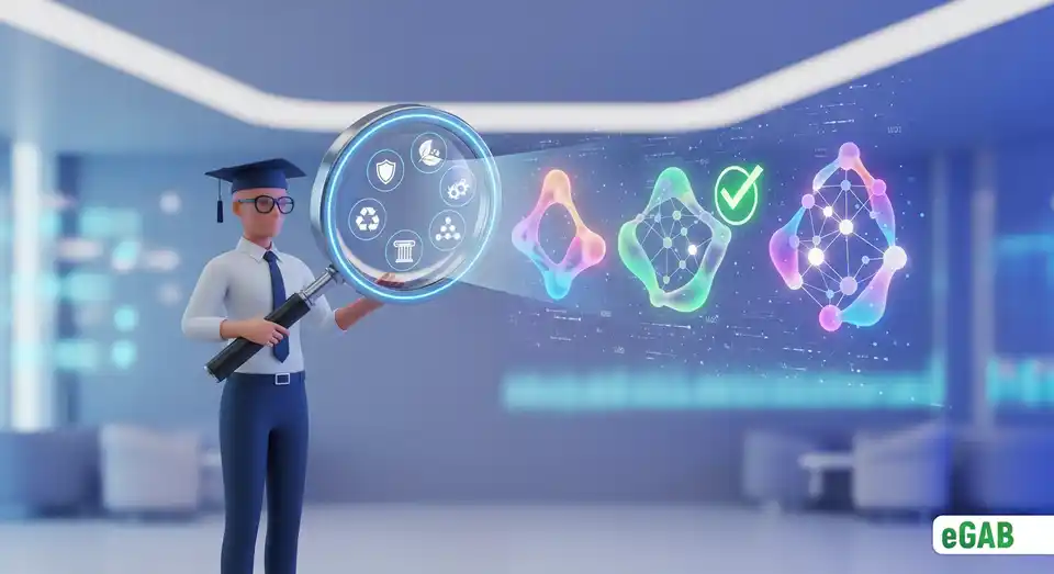 Educator evaluating different blockchain networks using a framework with icons for security, efficiency, and governance.