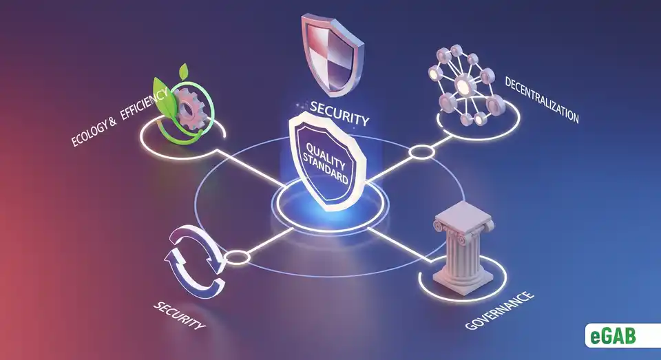 Visual breakdown of the SESGD standard with icons for Security, Ecology, Sustainability, Governance, and Decentralization.