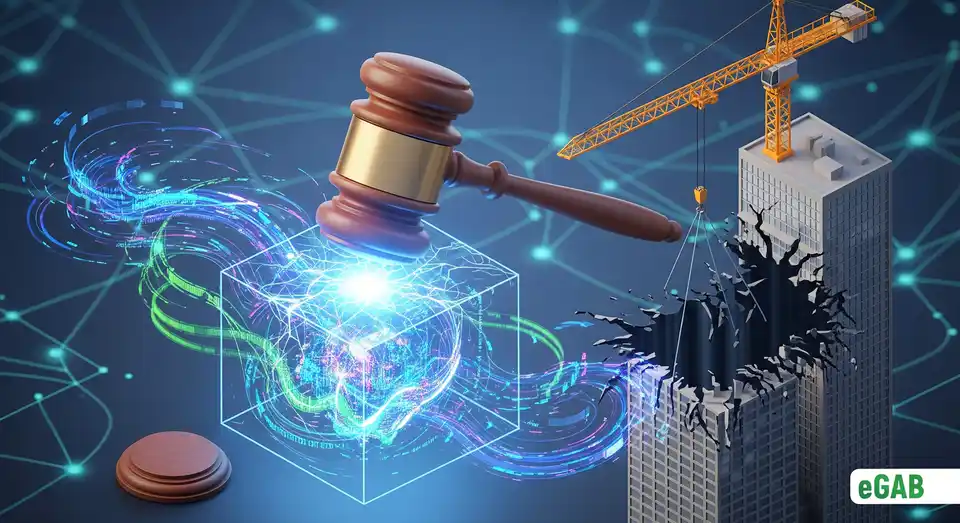 A giant gavel threatening a block of unsecured data, with a corporate building losing a chunk, representing the severe financial penalties for GDPR non-compliance.