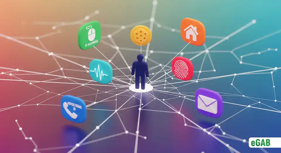 A diagram showing a central human figure connected to icons of various data types like IP address and health data, defining personal data under GDPR.