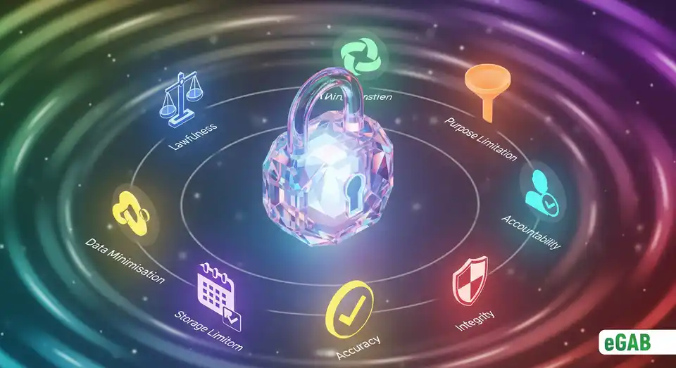 An infographic showing seven icons orbiting a central lock, representing the seven core principles of GDPR data protection.