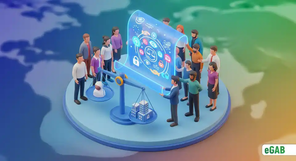 A summary image of GDPR showing people holding a digital scroll of rights, with balanced scales representing the shift in power over personal data.
