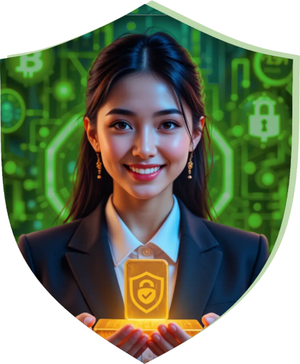 A woman standing and holding gold bars with the NFT credentials service logo, symbolizing the best service for issuing NFT credentials