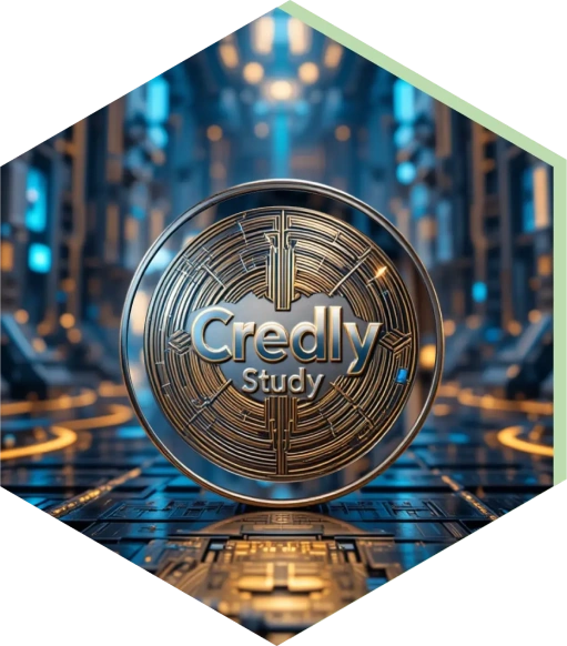 Futuristic hexagon with a blockchain background, featuring a coin engraved with Credly.Study, symbolizing the best blockchain for NFT credentials