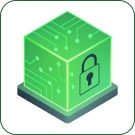 Glowing green cube with lock icon representing security benefits for educational institutions.