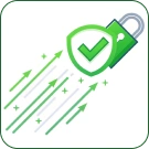 Flying padlock with checkmark symbolizing superior security and verified performance.