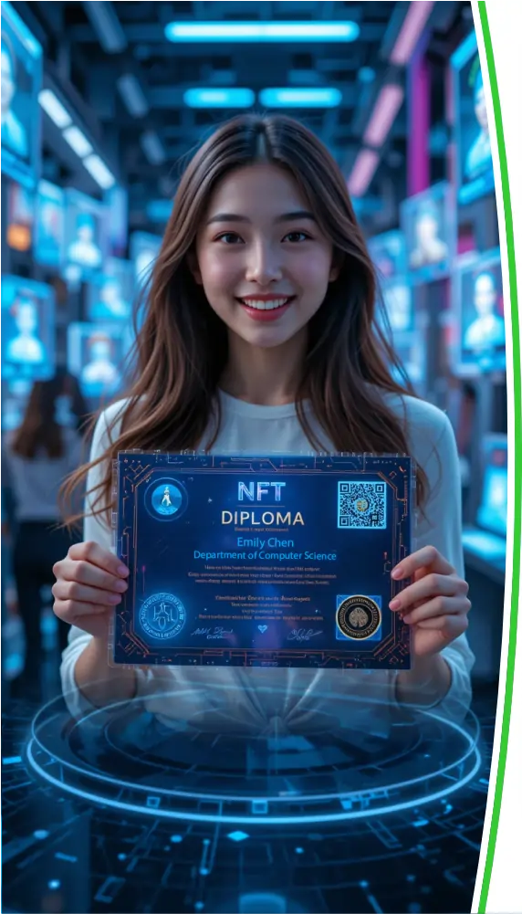 Futuristic image of a female student holding an NFT diploma with HID branding, representing blockchain-based digital certification