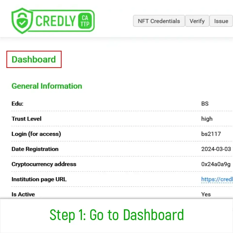 Step 1: Accessing the main Credly.study dashboard to begin creating a custom designed NFT diploma.