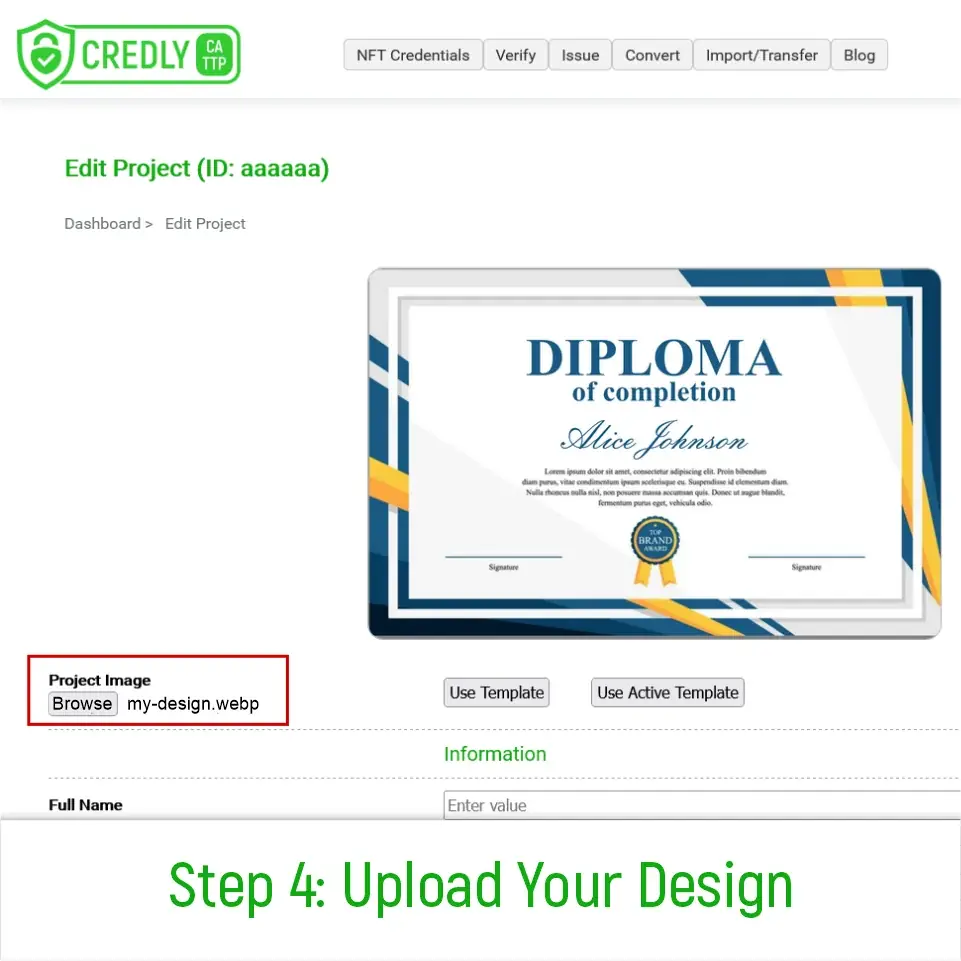 Step 4: Selecting and uploading your custom diploma design file (e.g., PDF, SVG, high-resolution image).