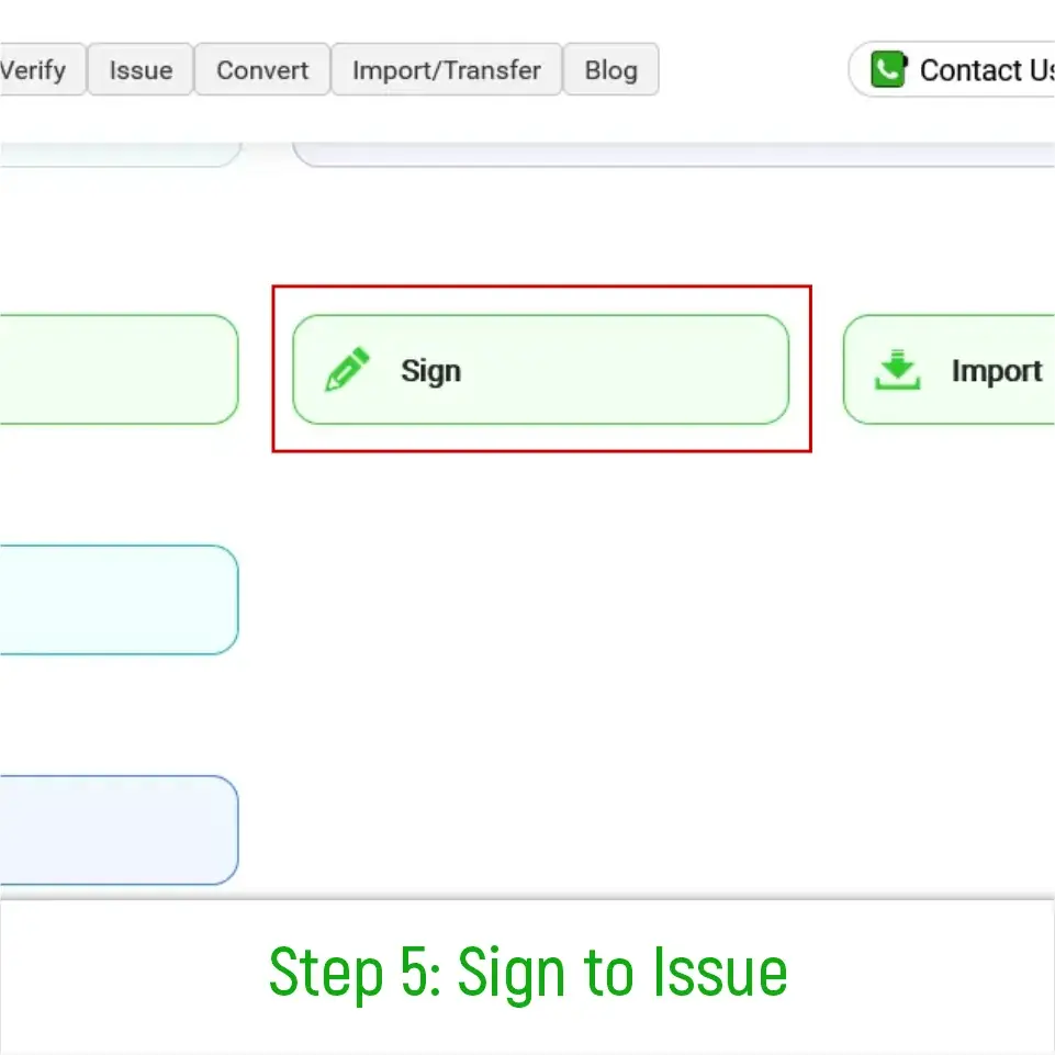 Step 6: Selecting your saved custom design template when issuing new NFT credentials, then proceeding to sign.