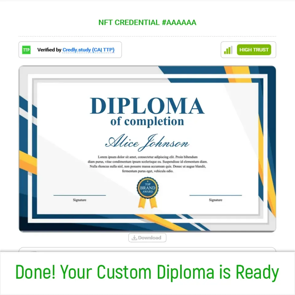 Step 7: A successfully issued NFT diploma featuring the uploaded custom design.