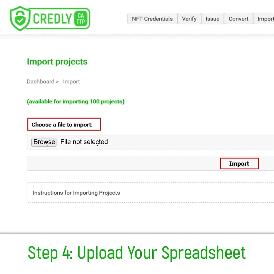 Step 4: The file upload dialog, showing a spreadsheet selected for import.