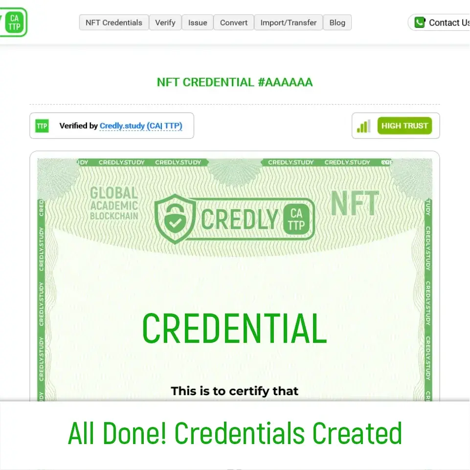 Step 6: Confirmation screen showing that NFT credentials have been successfully issued and are ready.