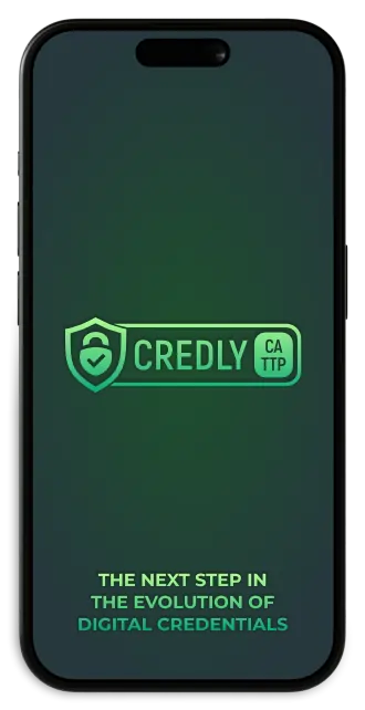 iPhone displaying the Credly app, with the logo visible and the slogan 'The next step in the evolution of digital credentials' on the screen