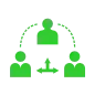 Three people connected by lines representing communication and collaboration