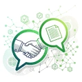 Icon with speech bubbles and a handshake, representing collaboration and communication